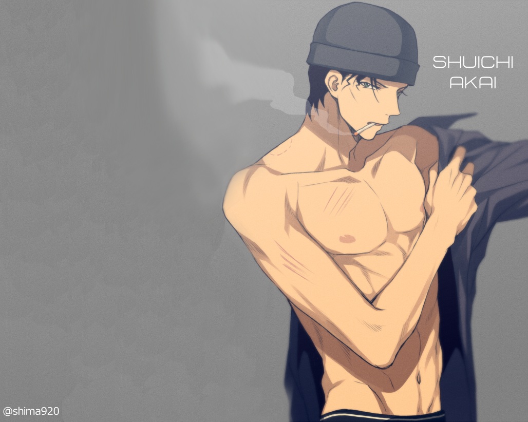 akai_shuuichi, black, cigarette, detective_conan, dressing, gray, green_eyes, hat