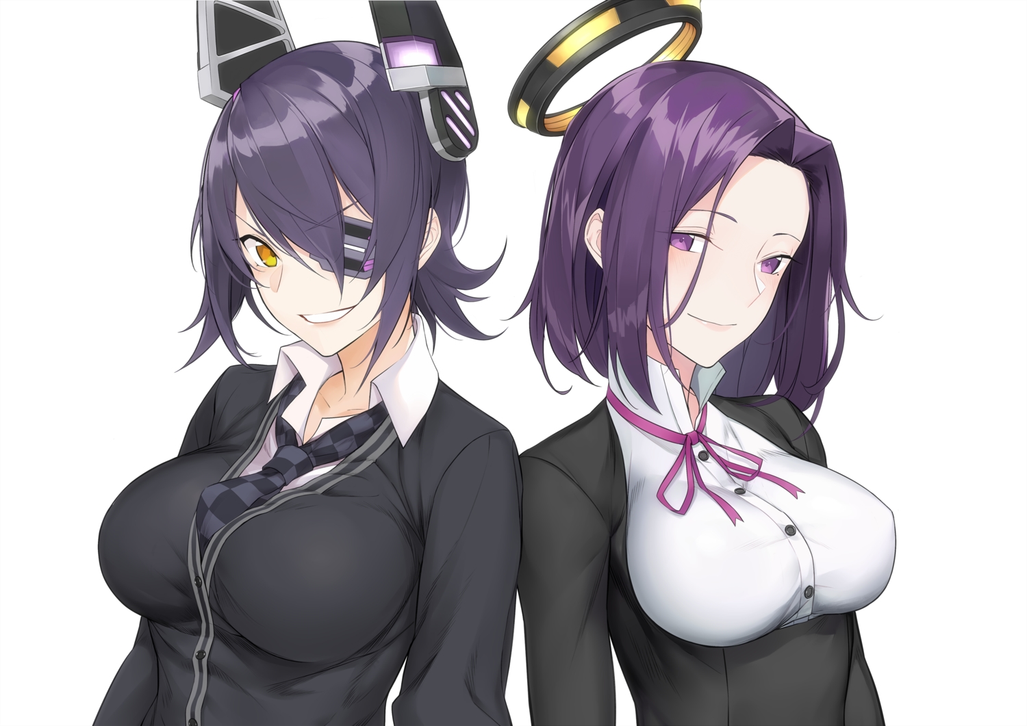 2girls, anthropomorphism, kantai_collection, purple_hair, short_hair, tatsuta_(kancolle), tenryuu_(kancolle), tie, yagitome87, yellow_eyes