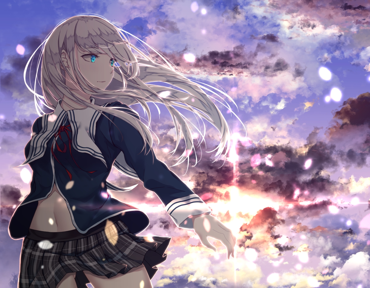 aqua_eyes, clouds, long_hair, navel, original, saitou_(lynx-shrike), school_uniform, skirt