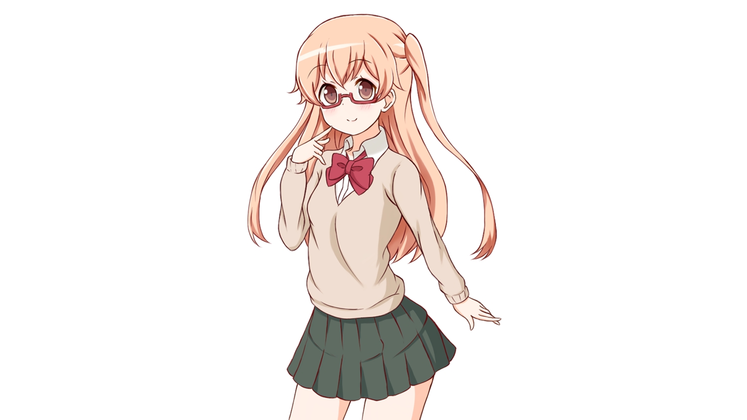 blonde_hair, brown_eyes, glasses, long_hair, school_uniform, shiraishi, skirt, tagme_(artist)