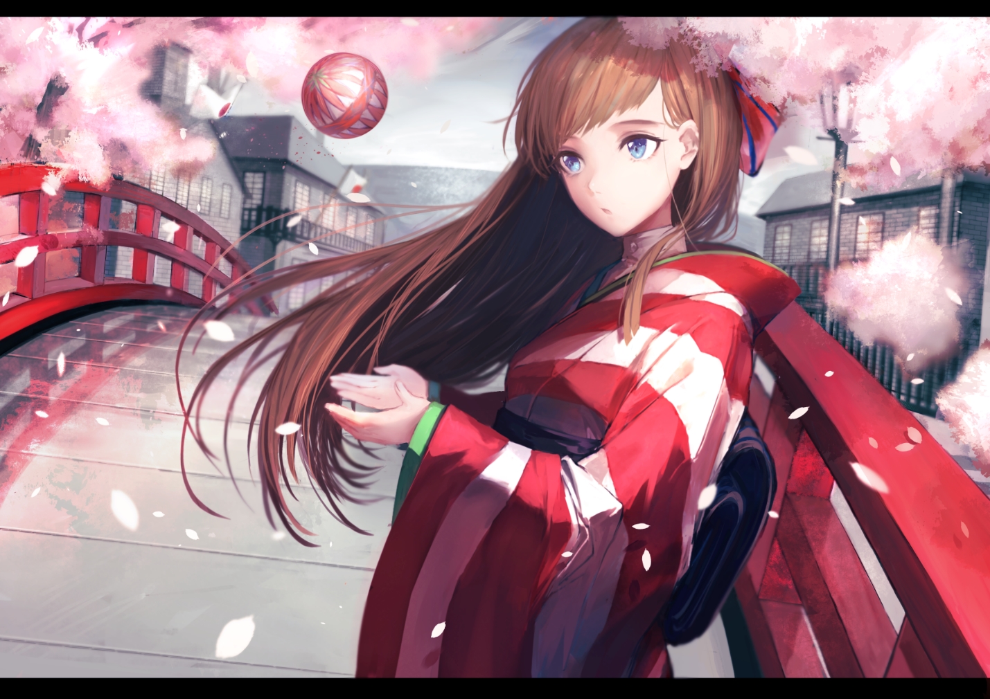 aqua_eyes, ball, brown_hair, building, hojiro_(piko519), japanese_clothes, kimono, long_hair, original, petals