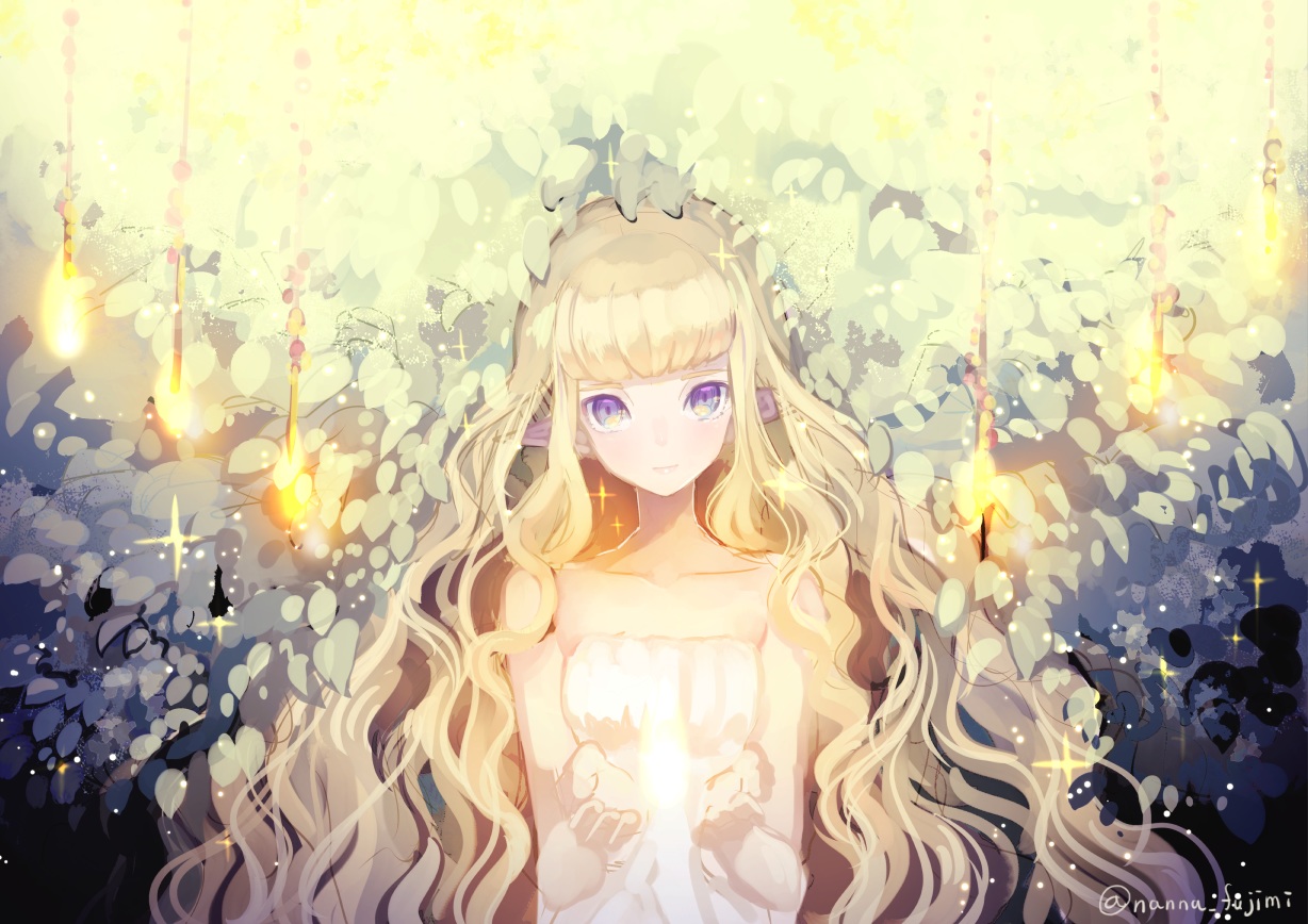 778-go, blonde_hair, blue_eyes, leaves, long_hair, original, pointed_ears, signed