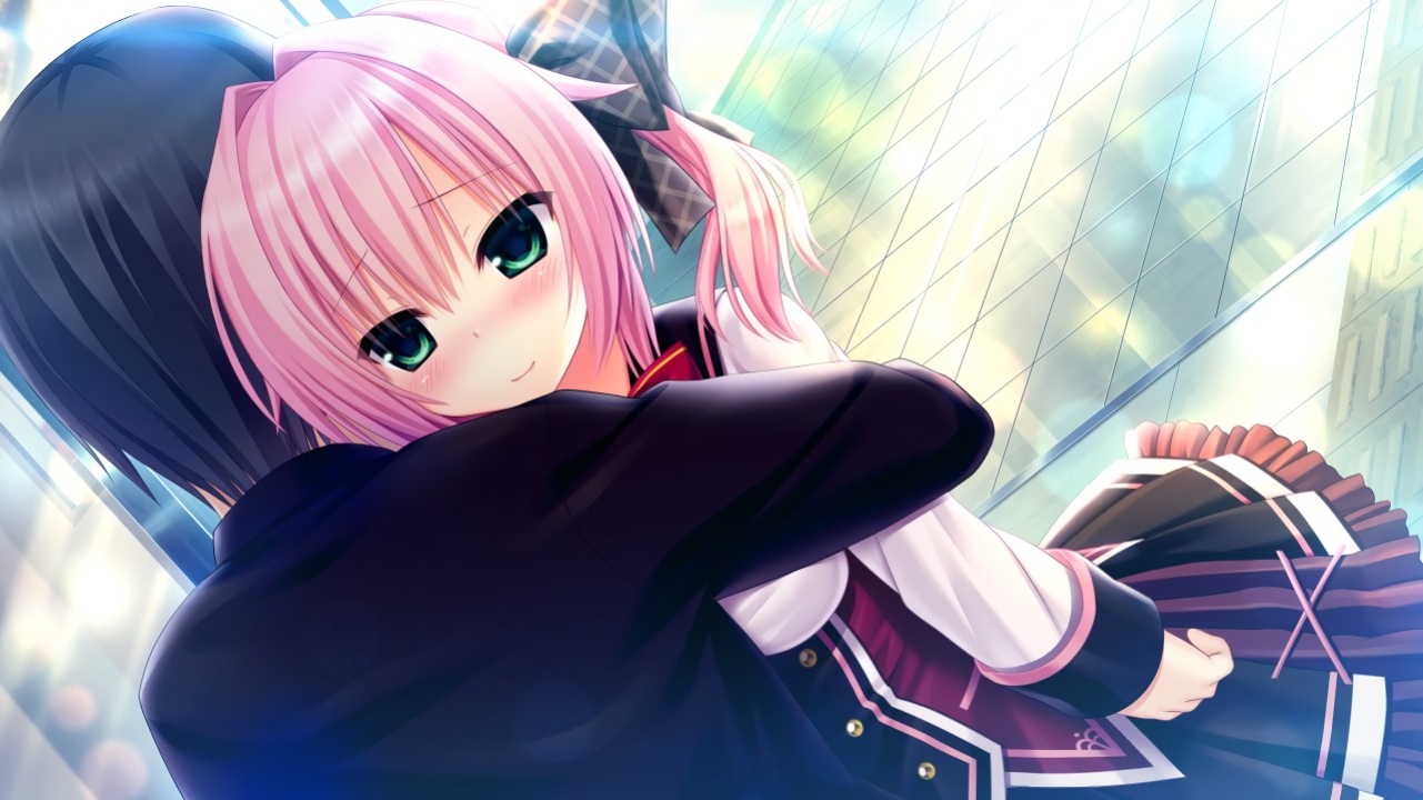 game_cg, green_eyes, hug, madosoft, miyase_mihiro, pink_hair, ribbons, utsunomiya_tsumire, wagamama_high_spec