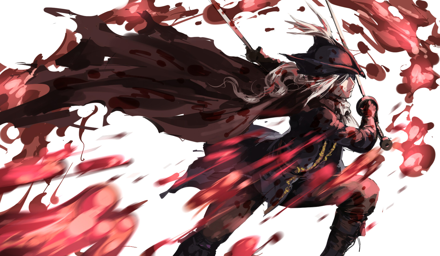 blood, bloodborne, boots, cape, hat, lady_maria_of_the_astral_clocktower, long_hair, ruukii_drift, sword, weapon