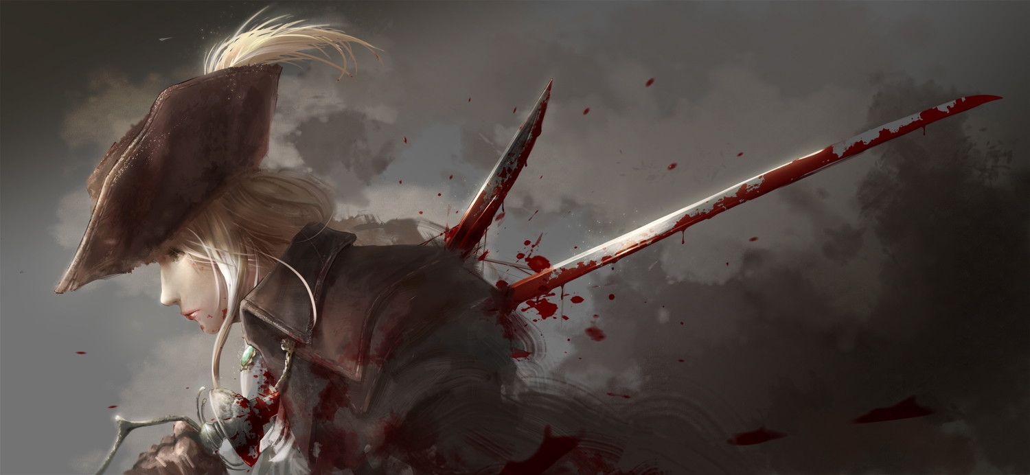 blonde_hair, blood, bloodborne, hat, lady_maria_of_the_astral_clocktower, sword, tenshin_kagehisa, weapon