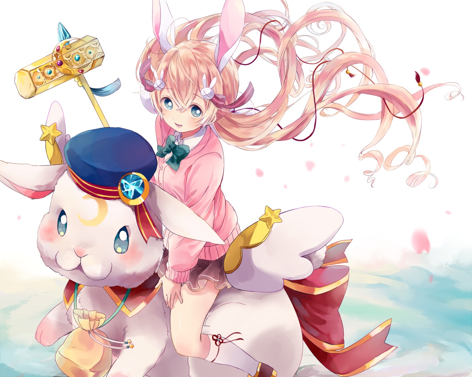 animal, animal_ears, blonde_hair, blue_eyes, bow, bunny_ears, bunnygirl, doro-chan, hat, kneehighs, long_hair, rabbit, ribbons, rucaco, school_uniform, shironeko_project, tsukimi_(shironeko_project), twintails, weapon