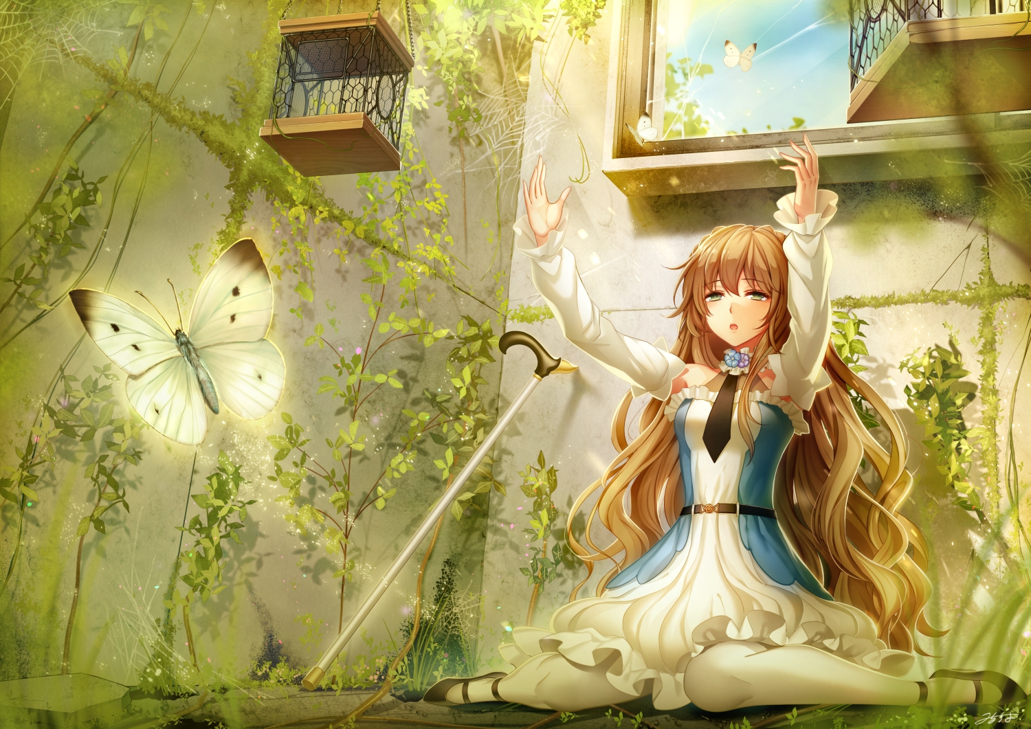 brown_hair, butterfly, cage, dress, green, green_eyes, long_hair, milcho