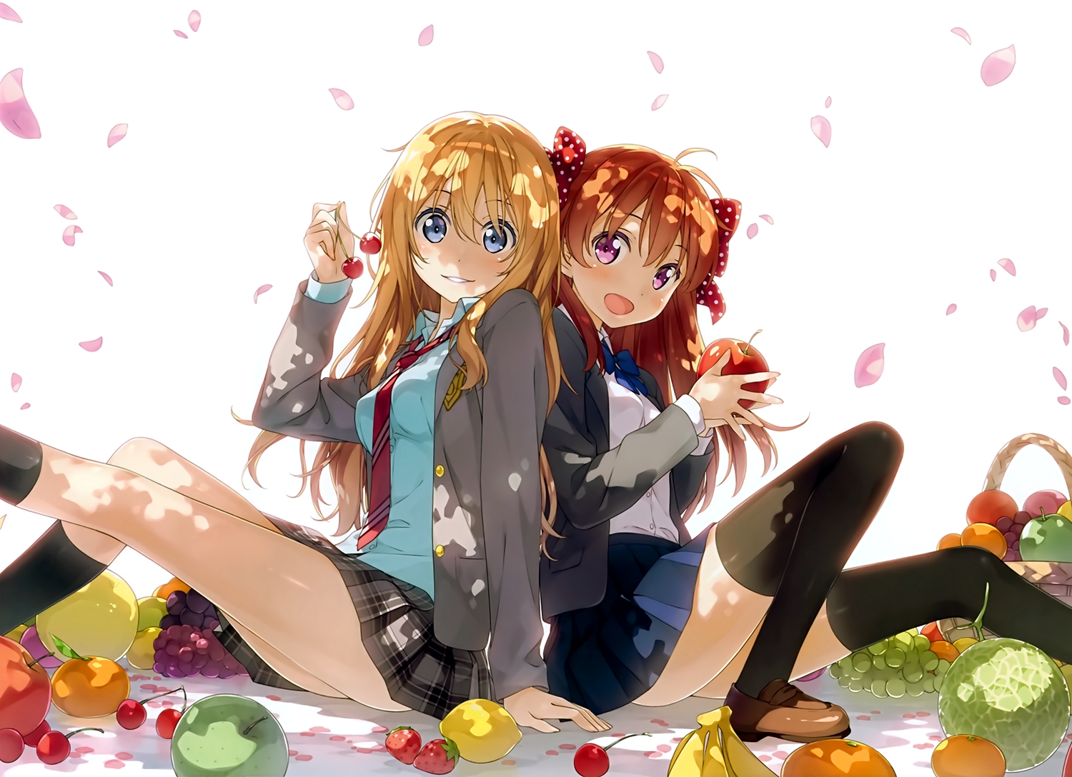 2girls, apple, blonde_hair, blue_eyes, cherry, cropped, crossover, food, fruit, gekkan_shoujo_nozaki-kun, kantoku, kneehighs, long_hair, miyazono_kaori, orange_hair, petals, purple_eyes, sakura_chiyo, scan, school_uniform, shigatsu_wa_kimi_no_uso, shirt, skirt, strawberry, thighhighs, tie