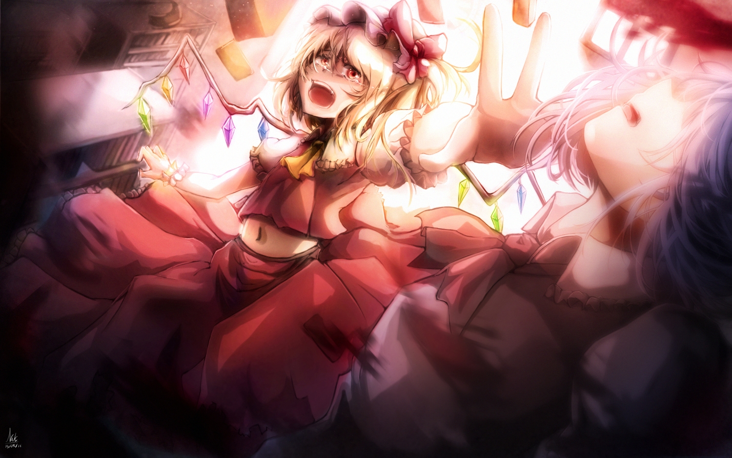 2girls, blonde_hair, crying, dress, flandre_scarlet, hat, nakatokung, red_eyes