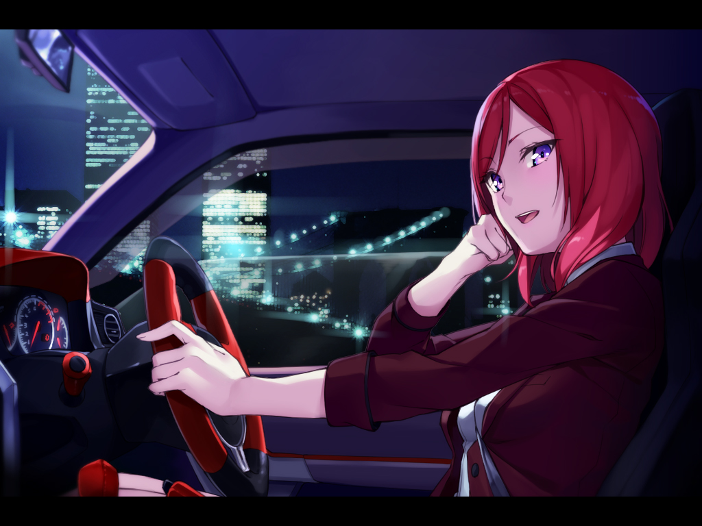 building, car, city, ginopi, love_live!_school_idol_project, night, nishikino_maki, purple_eyes