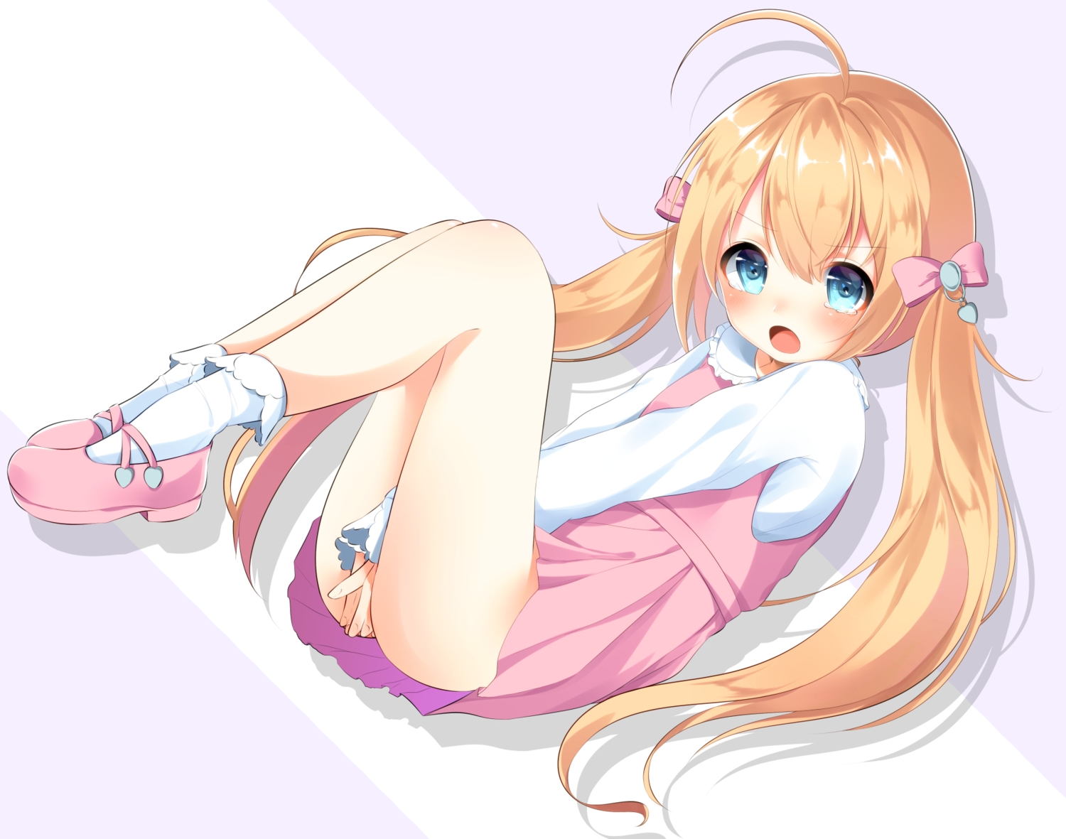 aqua_eyes, blonde_hair, blush, bow, dress, loli, long_hair, nufucha, original, socks, tears, twintails
