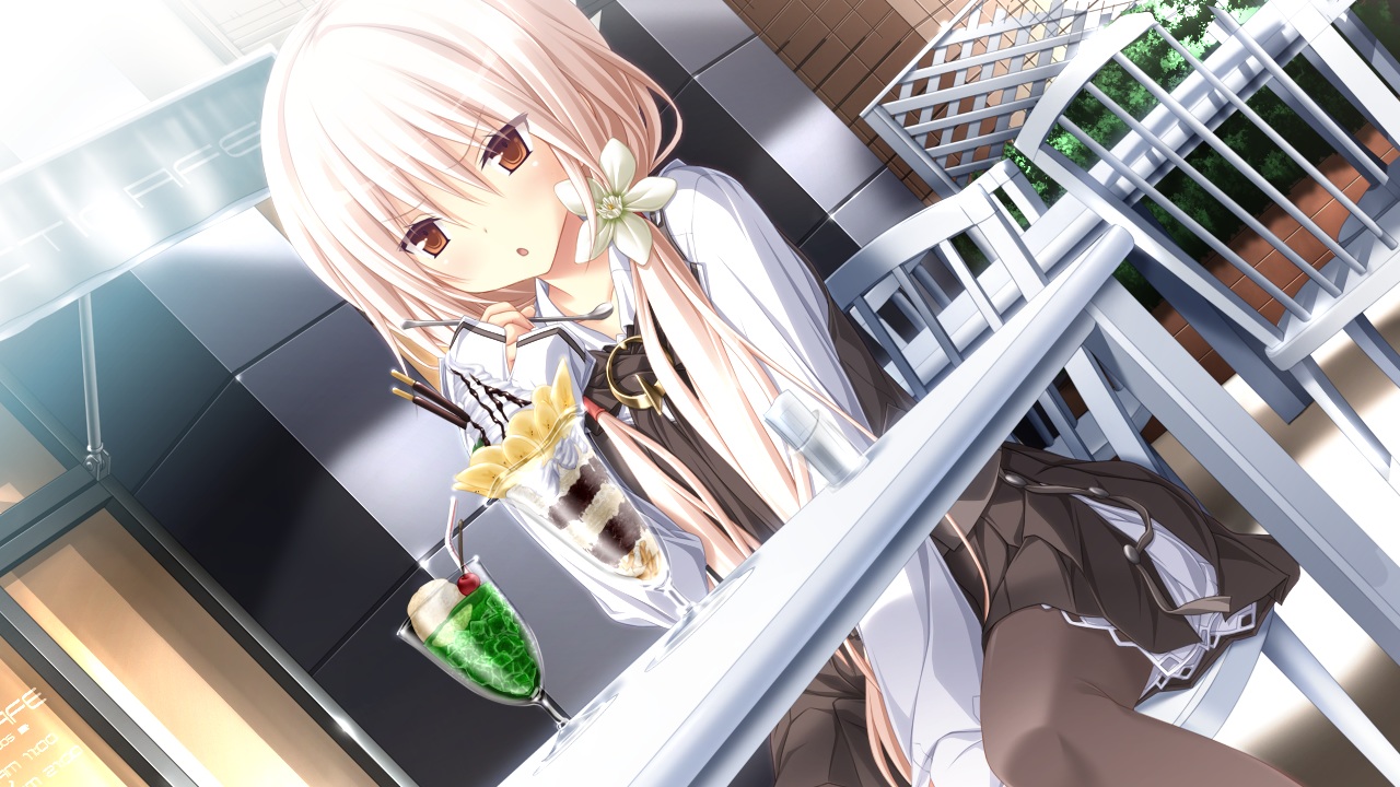 blonde_hair, brown_eyes, chrono_clock, drink, food, fruit, game_cg, koku