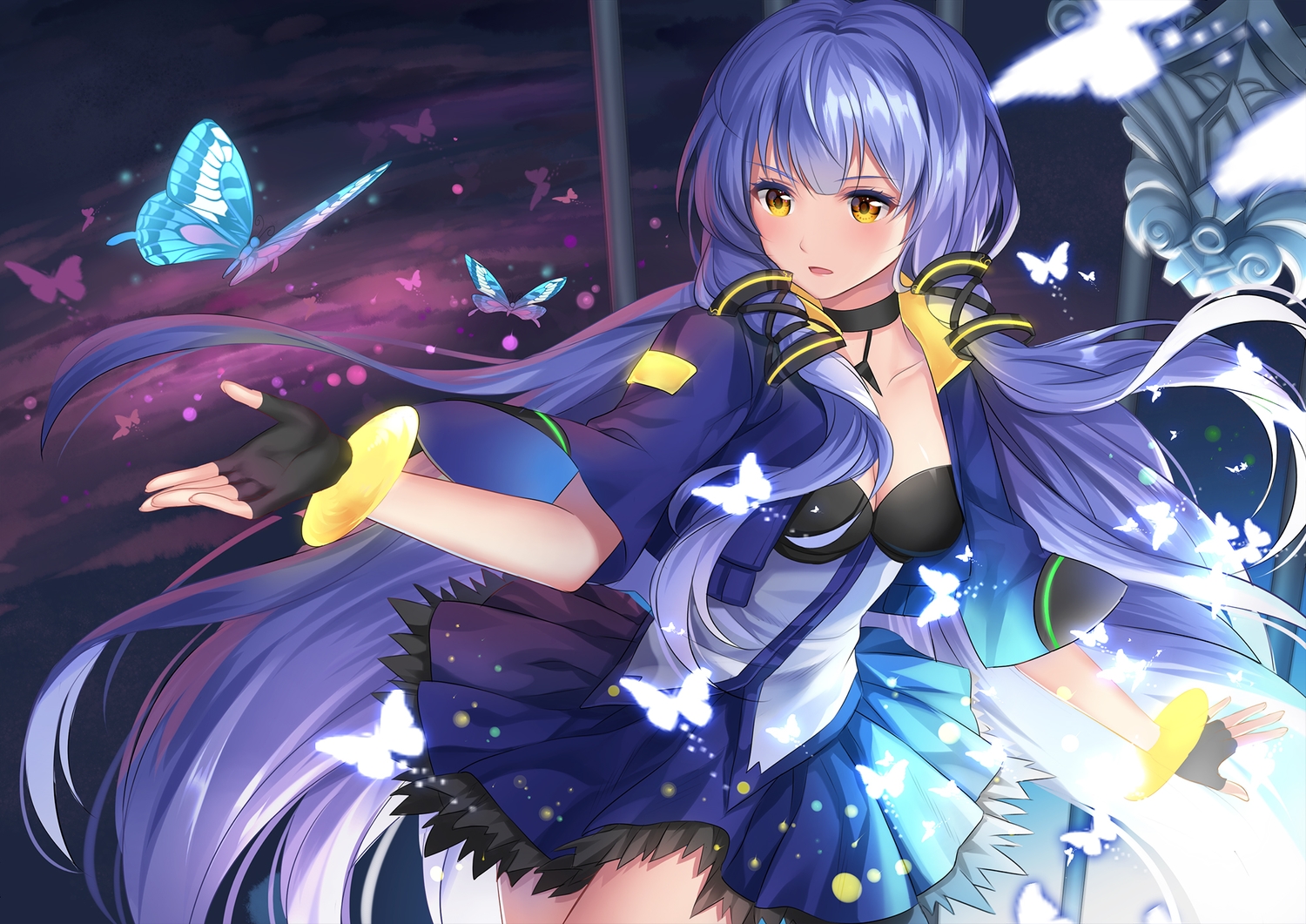 althea_(sakiya0000), blue_hair, breasts, butterfly, choker, cleavage, dress, gloves