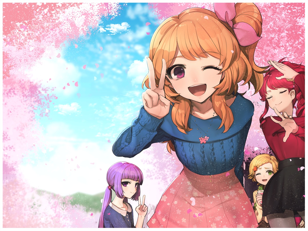 aikatsu!, cherry_blossoms, flowers, hikami_sumire, hitoto, kurebayashi_juri, oozora_akari, shinjou_hinaki