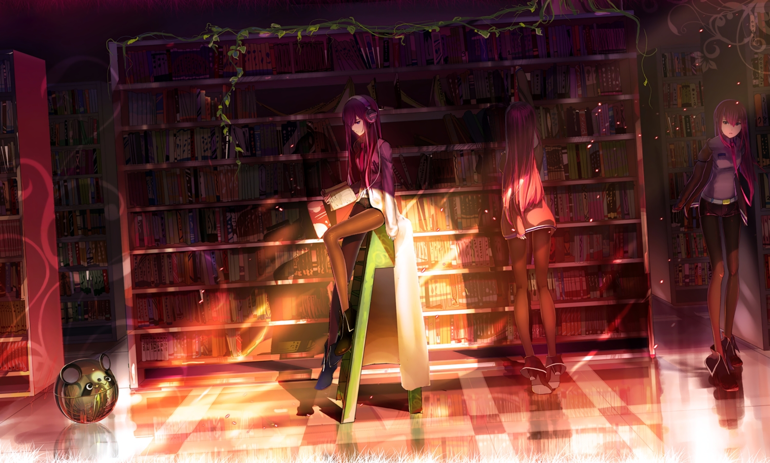 book, brown_eyes, cao_xiong, headphones, leaves, long_hair, makise_kurisu, pantyhose, purple_hair, reflection, shorts, steins;gate, third-party_edit, tie