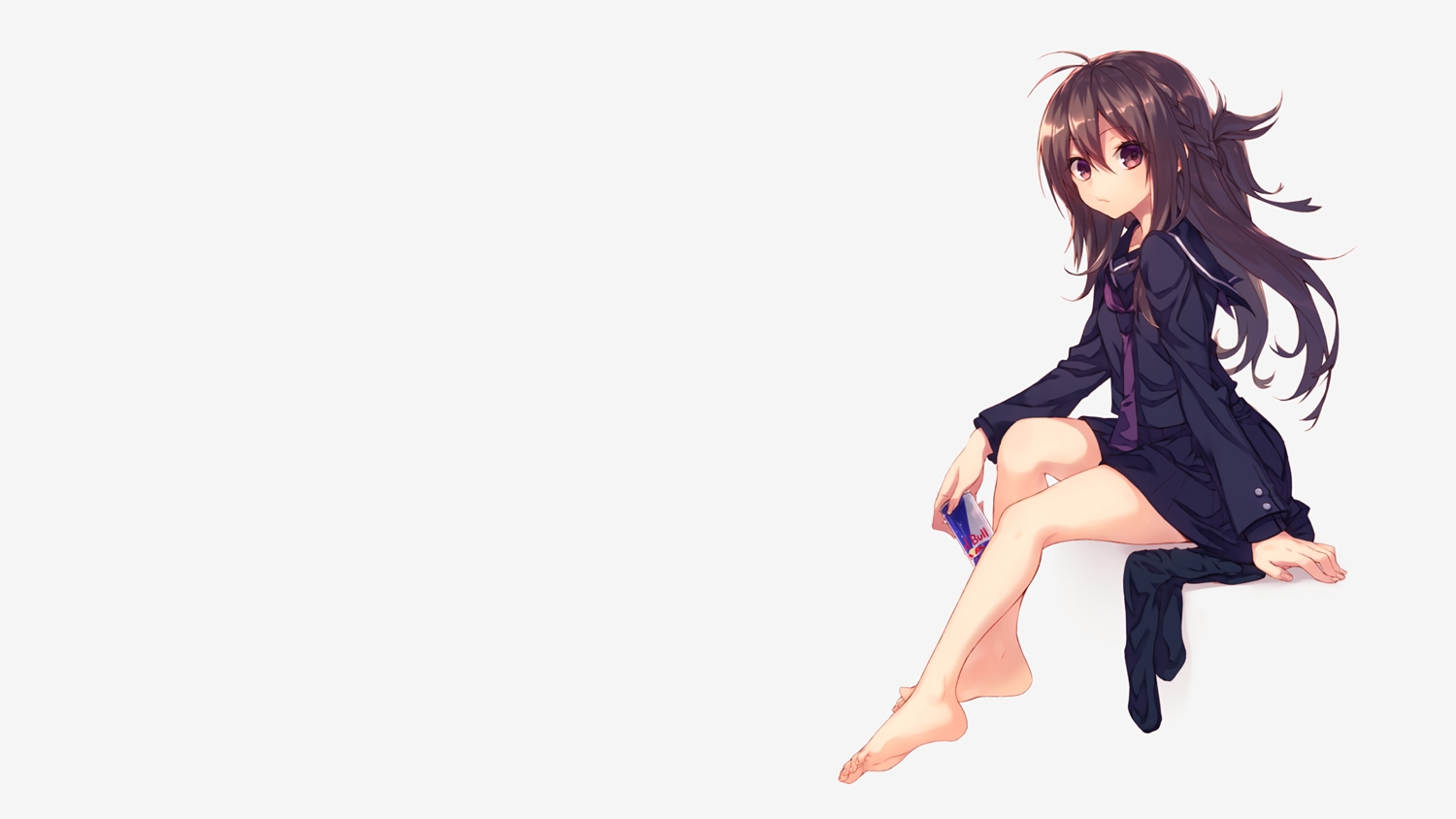 barefoot, brown_eyes, brown_hair, drink, gray, long_hair, school_uniform, stockings