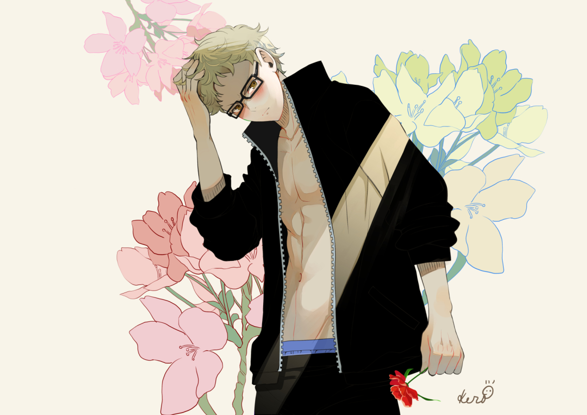 blonde_hair, blush, brown_eyes, flowers, glasses, haikyuu!!, navel, open_shirt