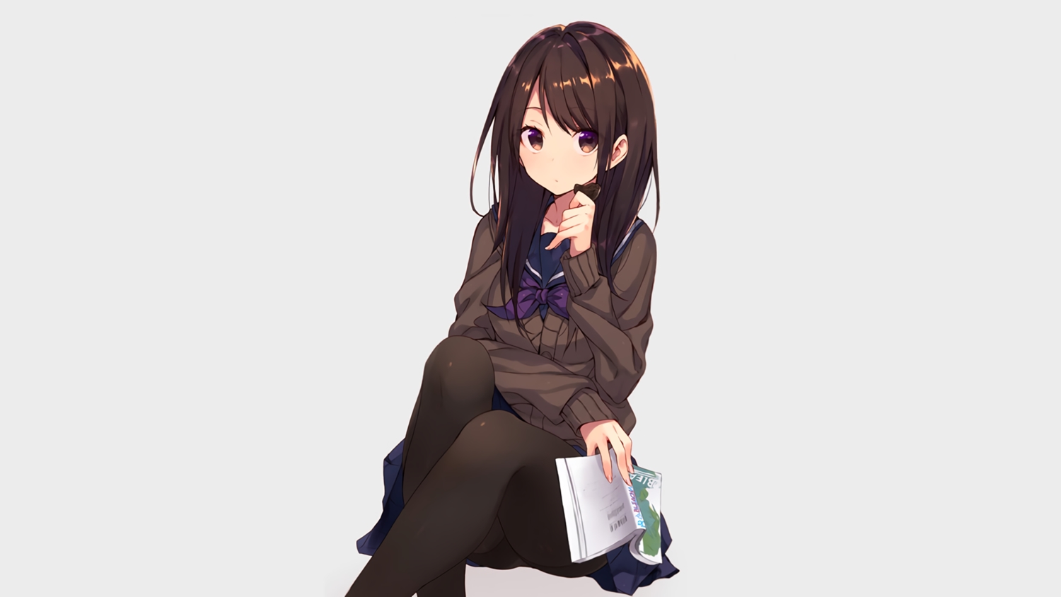 book, brown_eyes, brown_hair, food, gray, original, pantyhose, school_uniform, skirt, suisen, third-party_edit, waifu2x