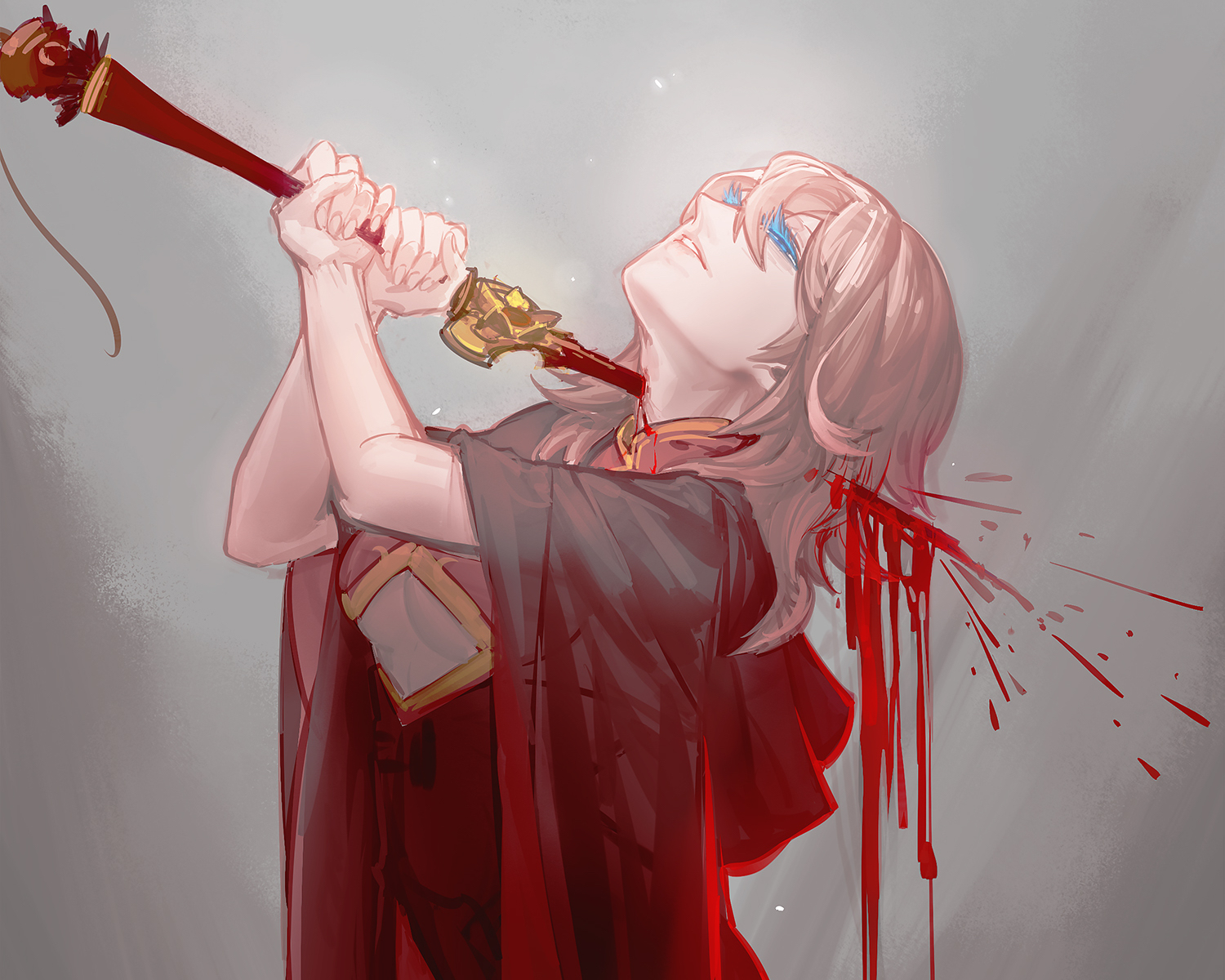 blood, blue_eyes, chaos_dragon, cropped, lilin99jh, lou_zhenhua, pink_hair, qisha_tianling, red_dragon, sword, weapon