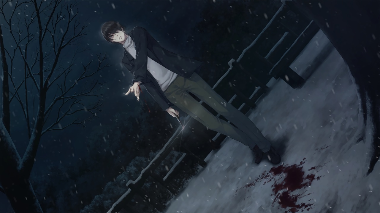 all_male, blood, innocent_grey, kara_no_shoujo_2, knife, male, masaki_tomoyuki, snow, sugina_miki