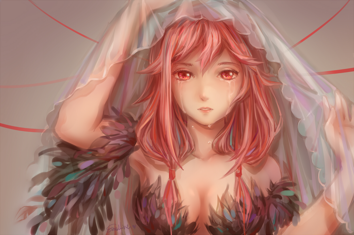 breasts, cleavage, emalfire, guilty_crown, pink_hair, red_eyes, tears, yuzuriha_inori
