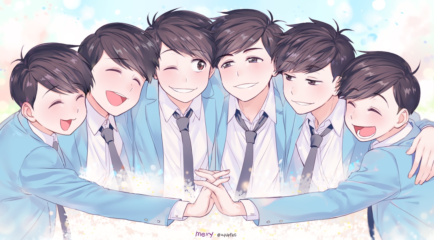 all_male, black_hair, brown_eyes, cat_smile, gray_eyes, male, matsuno_choromatsu, matsuno_ichimatsu