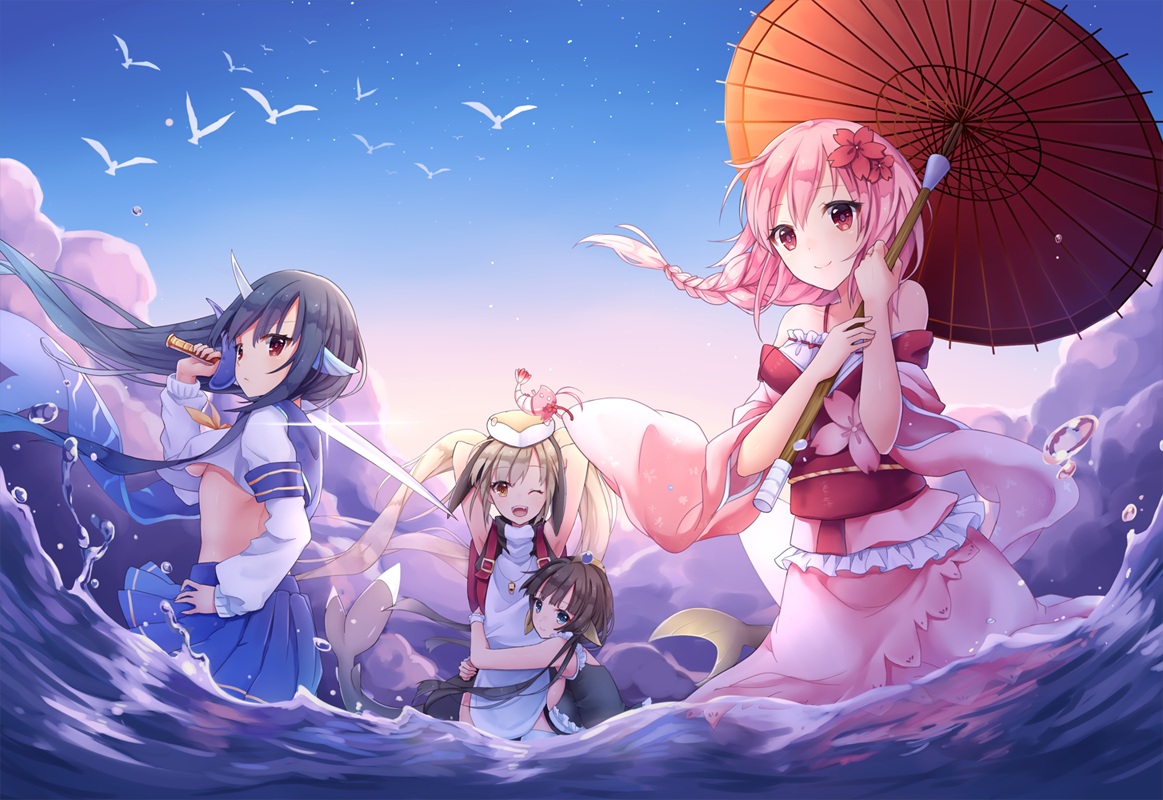 anthropomorphism, chariot.f, cherry_blossoms, flowers, group, japanese_clothes, lolita_fashion, pink_hair, school_uniform, sergestid_shrimp_in_tungkang, water, xuan_ying