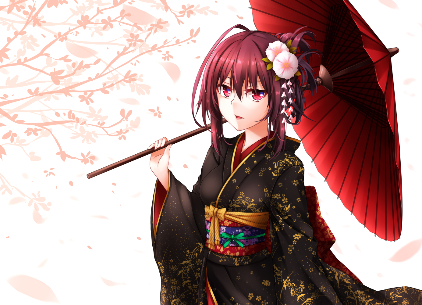 brown_hair, cherry_blossoms, flowers, helther, japanese_clothes, kimono, original, red_eyes