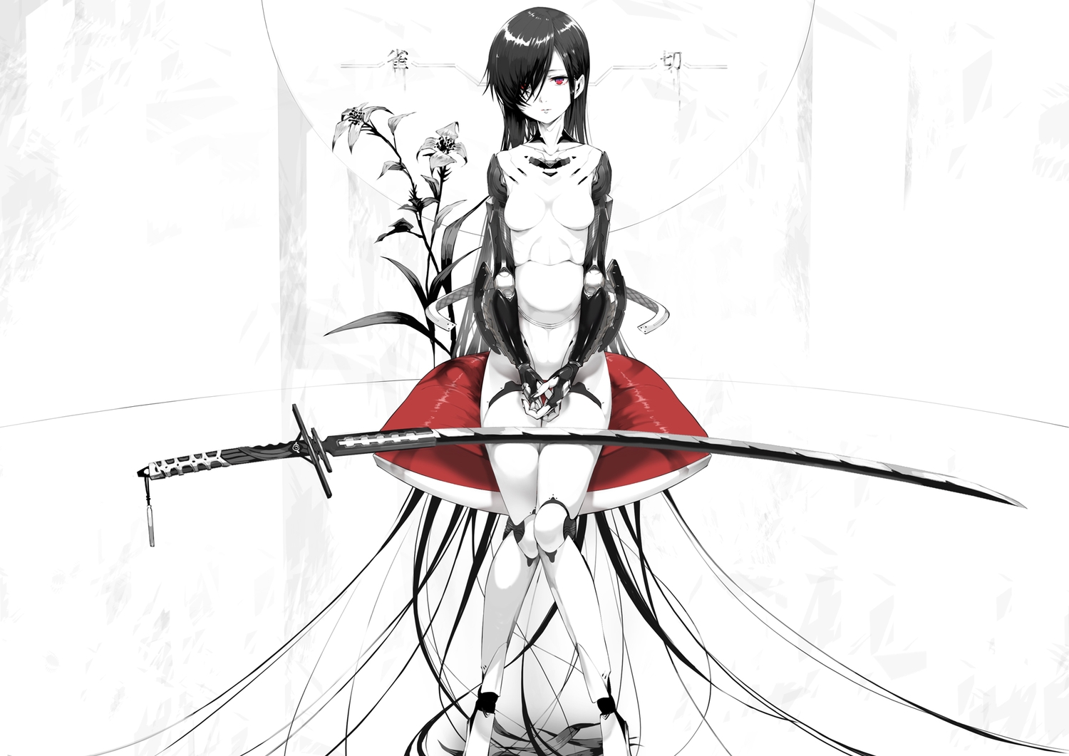 black_hair, flowers, long_hair, original, polychromatic, red_eyes, sword, techgirl