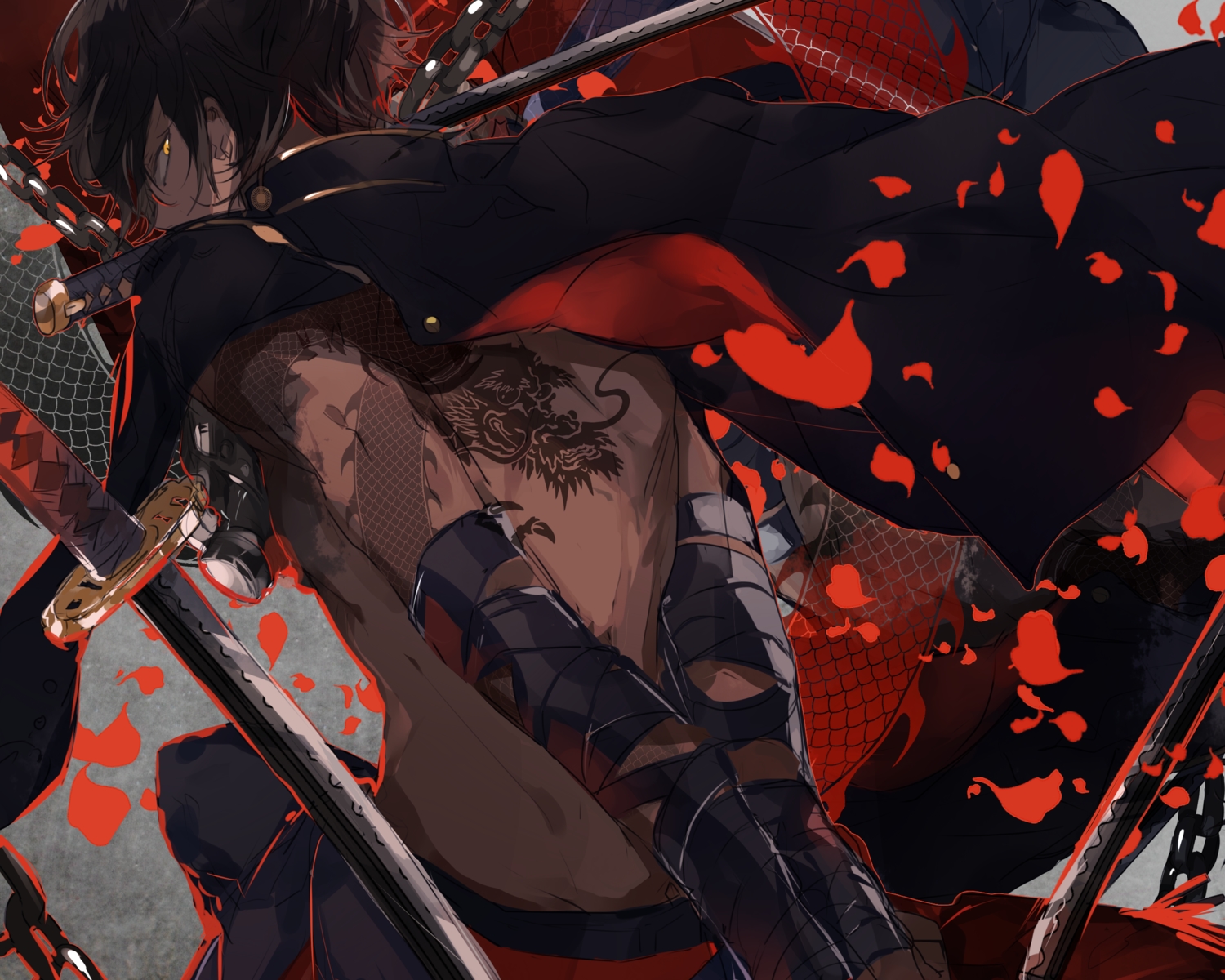 all_male, anthropomorphism, brown_hair, cape, cropped, dark_skin, katana, male, ookurikara, penguin_quartret, sword, tattoo, touken_ranbu, weapon, yellow_eyes