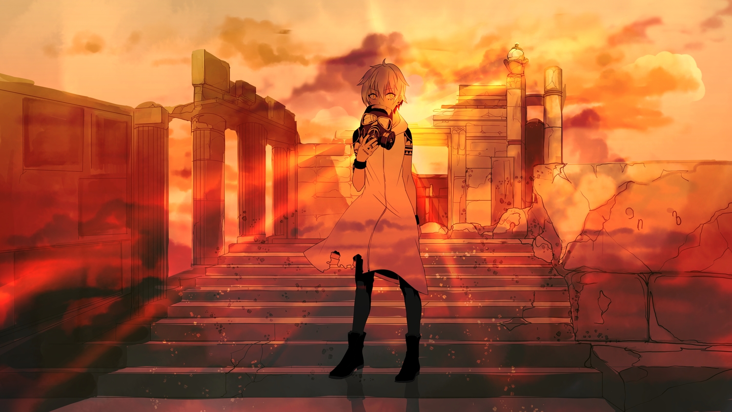 boots, hoshima, mask, original, ruins, short_hair, stairs, sunset