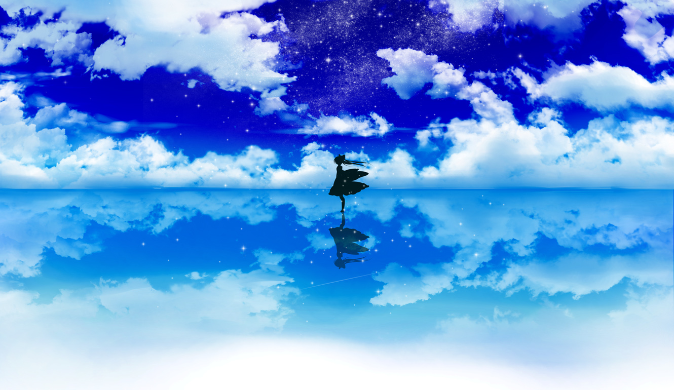 clouds, hakurei_reimu, haruki_5050, japanese_clothes, miko, reflection, silhouette, sky, stars, touhou