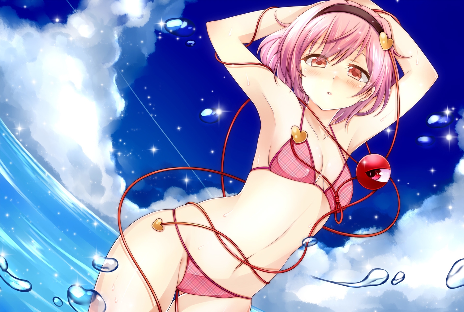 bikini, blush, clouds, haruki_5050, headband, komeiji_satori, navel, pink_eyes, pink_hair, short_hair, sky, swimsuit, touhou, water