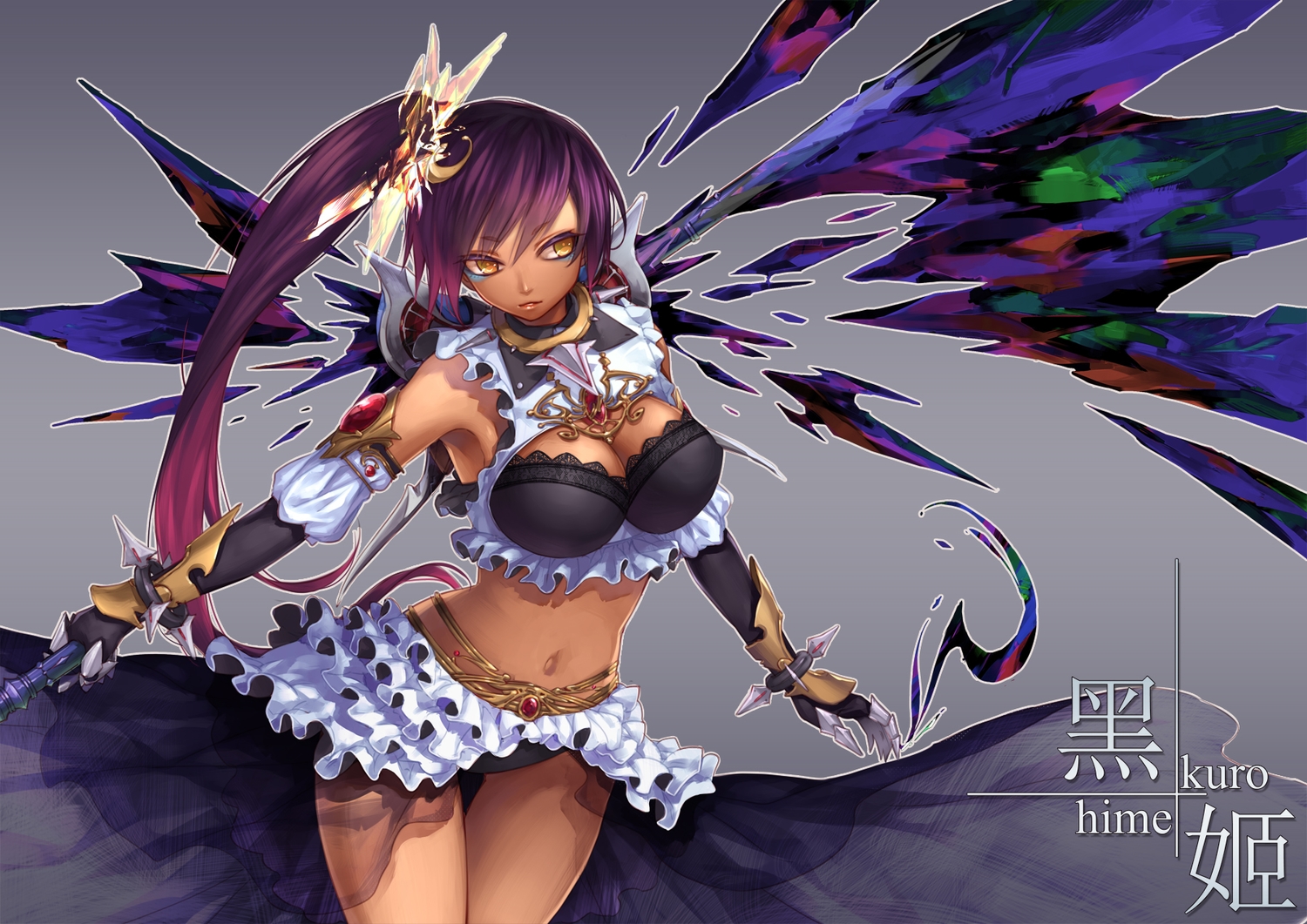 breasts, cleavage, curry_bowl, dark_skin, elbow_gloves, gloves, long_hair, navel