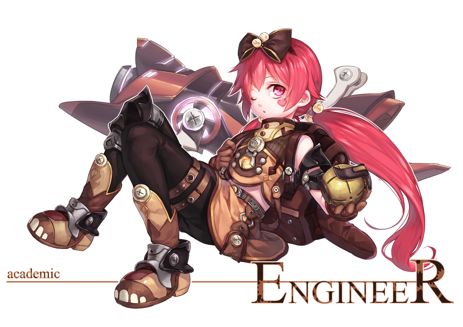 boots, bow, curry_bowl, dragon_nest, gloves, headband, heart, loli, red_hair, tinkerer_(dragon_nest), twintails, white, wink