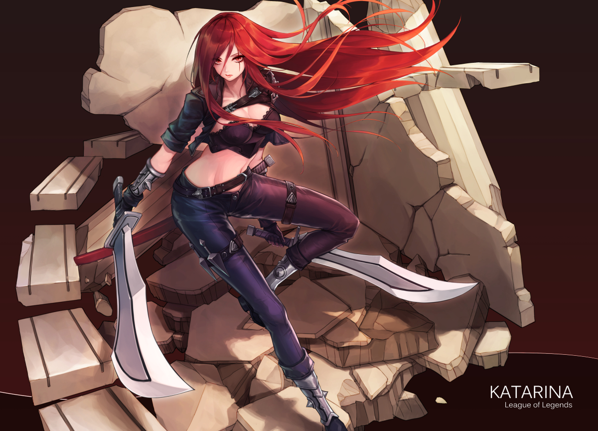 curry_bowl, katarina, league_of_legends, long_hair, navel, red_eyes, red_hair, sword