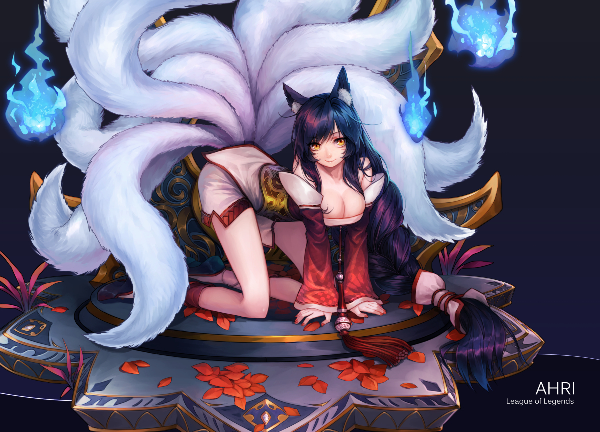 ahri_(league_of_legends), animal_ears, black_hair, breasts, cleavage, curry_bowl, league_of_legends, long_hair, multiple_tails, tail