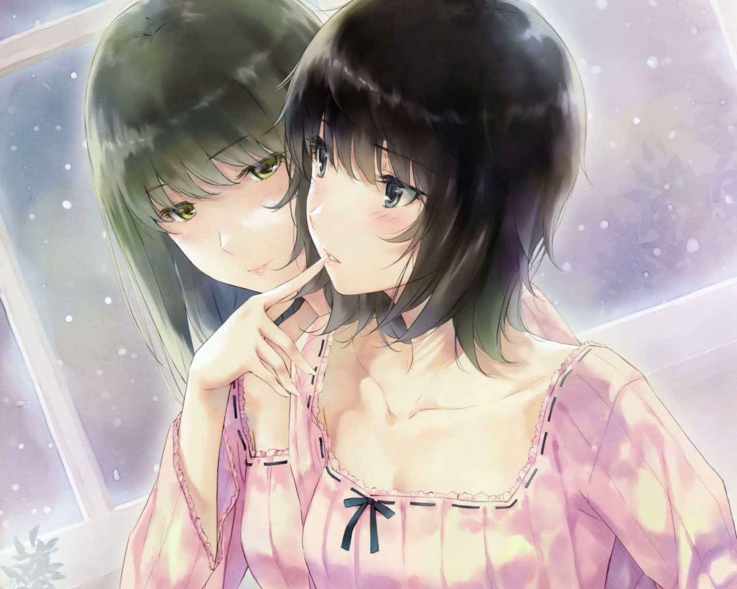 2girls, black_hair, close, cropped, dress, flowers_(game), green_eyes, green_hair, innocent_grey, scan, shoujo_ai, sugina_miki, takasaki_chidori, yaegaki_erika