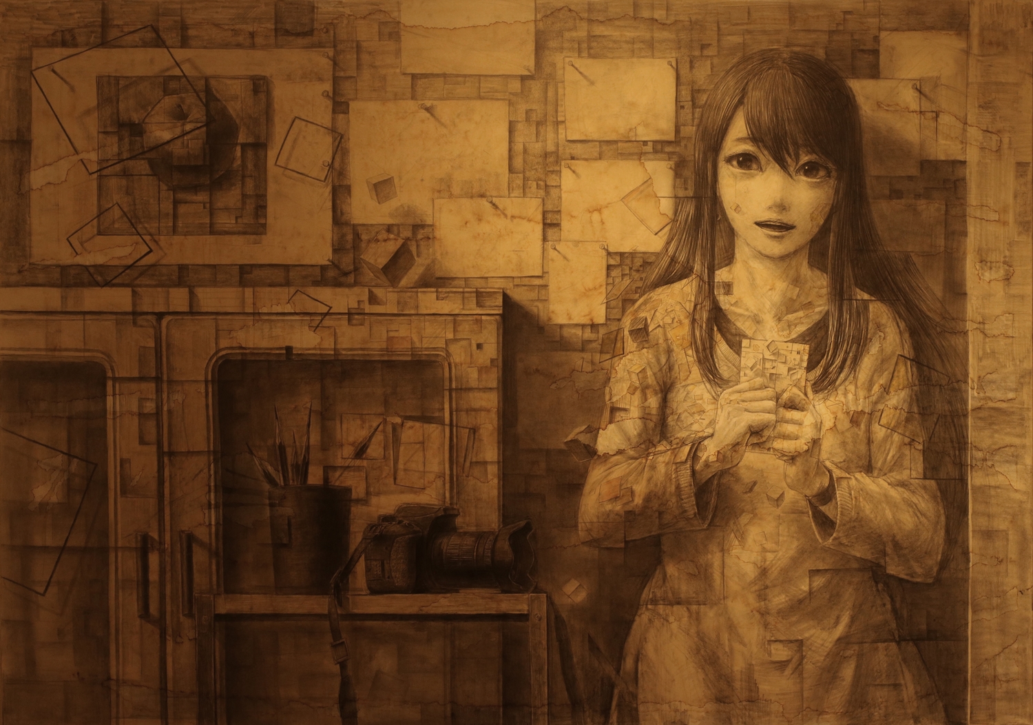 brown, camera, hiru, long_hair, monochrome, original