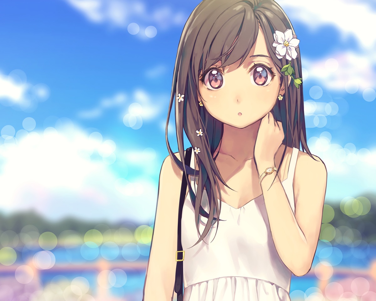 brown_eyes, brown_hair, close, clouds, cropped, dress, flat_chest, flowers, hat, headdress, original, sky, summer_dress, wristwear, yohan12