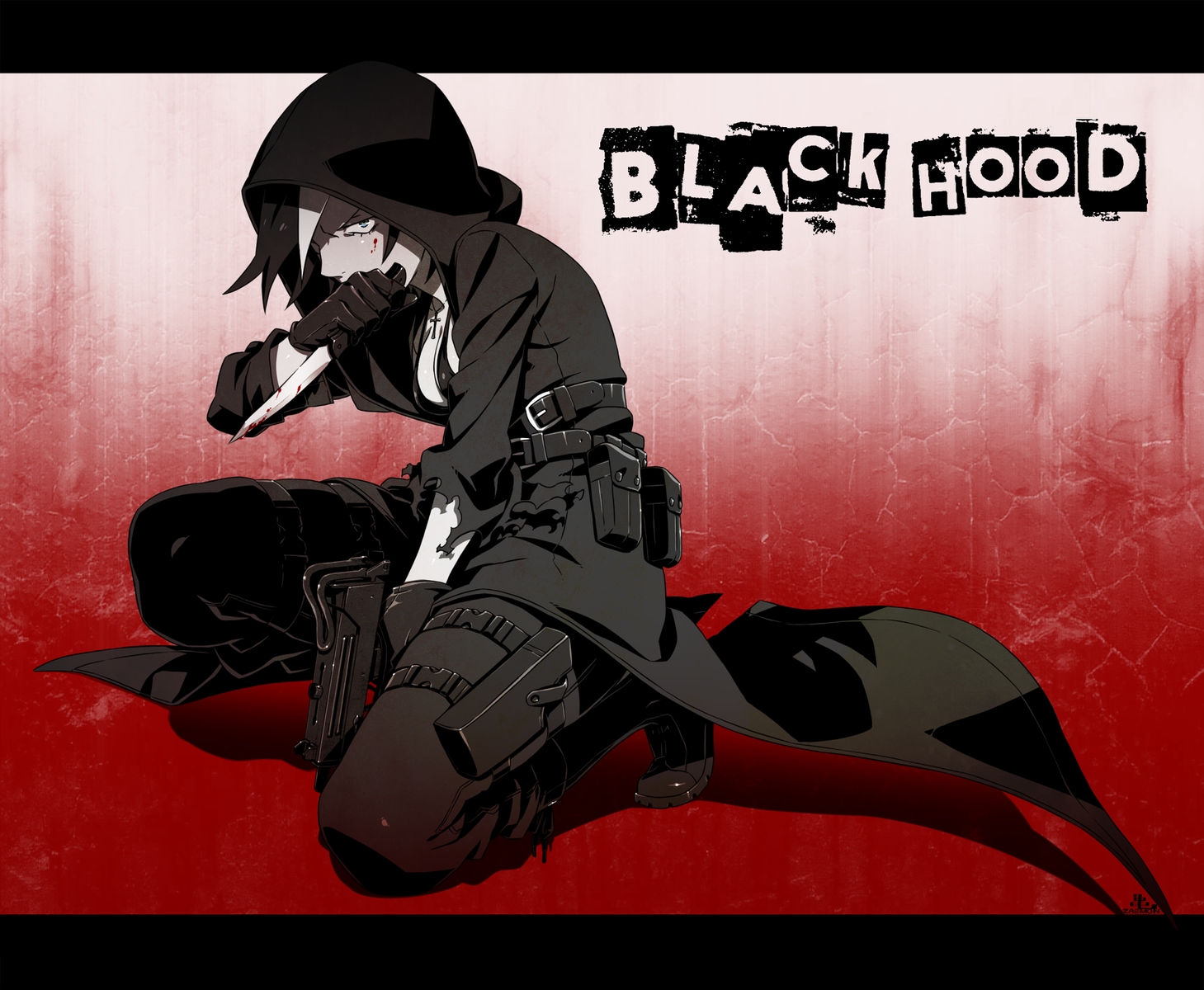 bikini_top, black_hood, blood, boots, gloves, gun, hood, kamezaemon