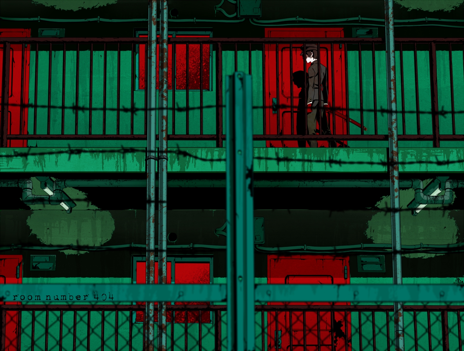 all_male, building, green, kamezaemon, katana, male, original, polychromatic
