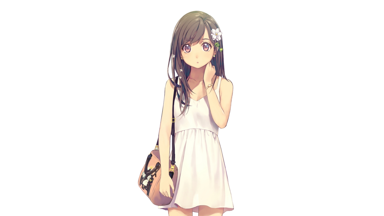 brown_eyes, brown_hair, dress, flat_chest, flowers, headdress, original, summer_dress, third-party_edit, white, wristwear, yohan12