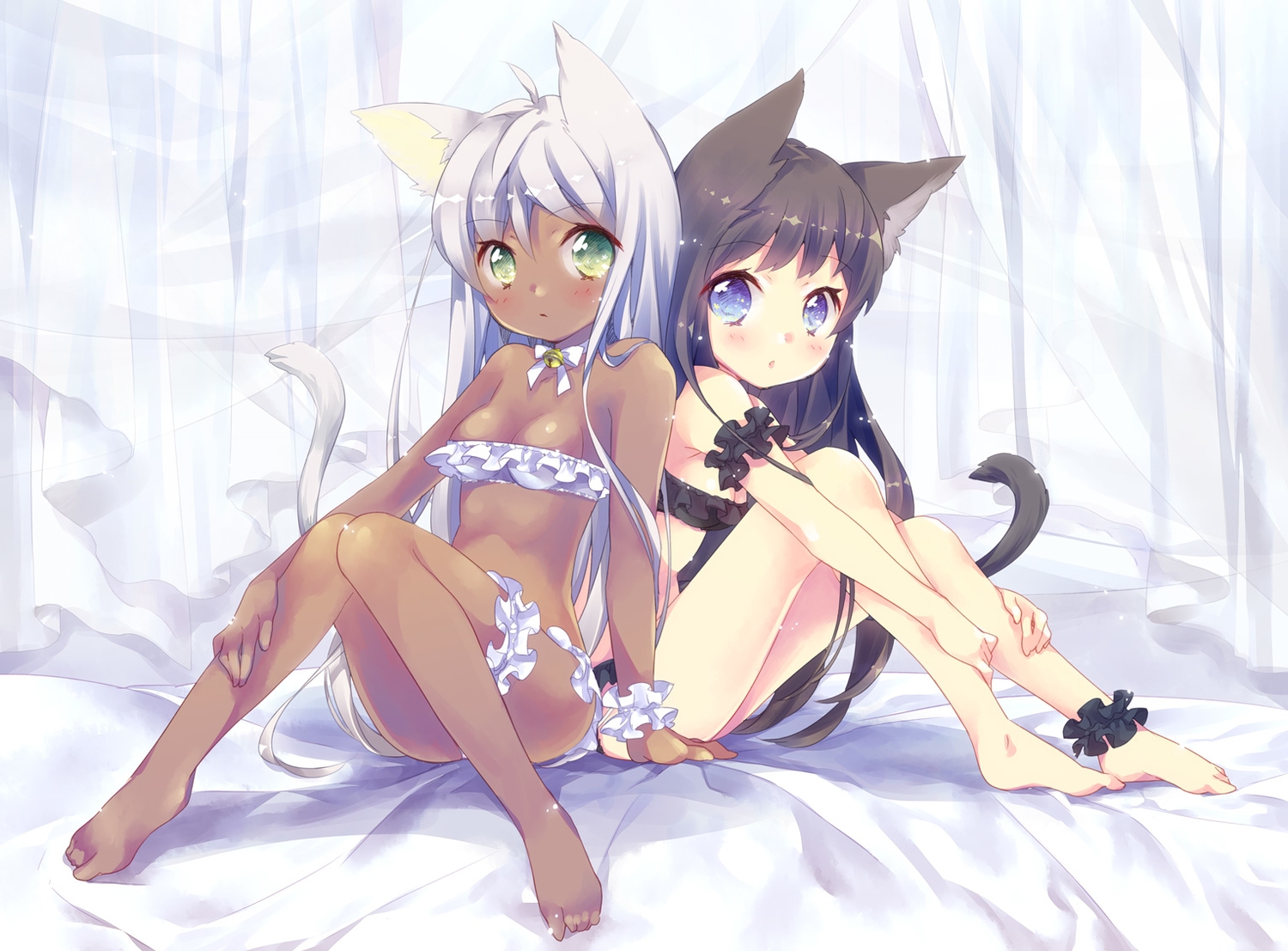 2girls, animal_ears, barefoot, bikini, black_hair, blue_eyes, blush, catgirl, dark_skin, ech, gray_hair, green_eyes, loli, original, swimsuit, tail