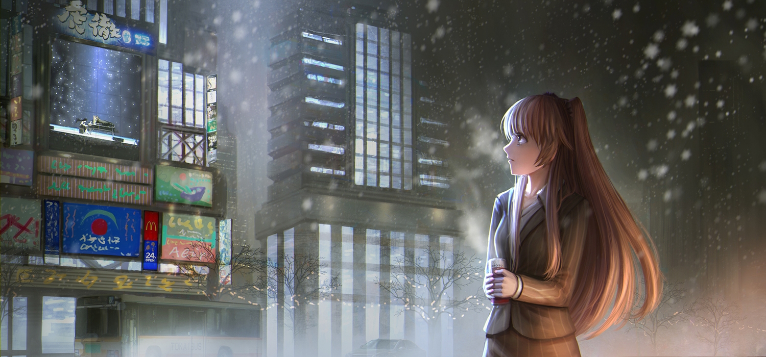 blonde_hair, building, city, drink, instrument, long_hair, mcdonald's, night