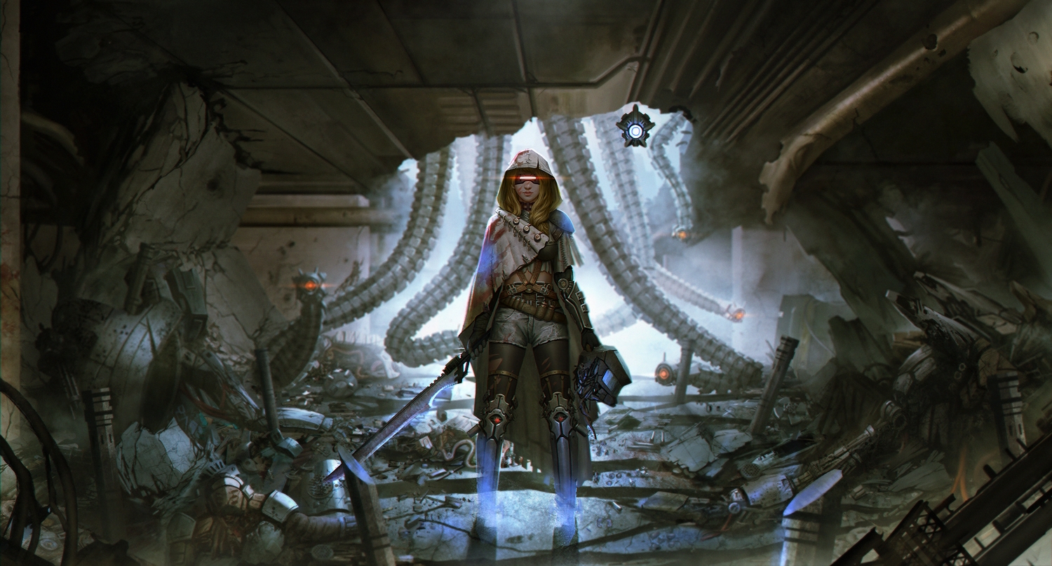 building, cape, hood, original, robot, ruins, shorts, sword, weapon, zi_ye_(hbptcsg2)
