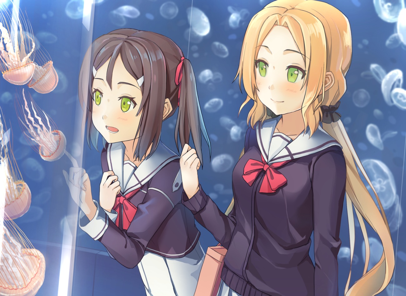 2girls, animal, blonde_hair, brown_hair, green_eyes, inubouzaki_fuu, miyoshi_karin, piza_rokumai
