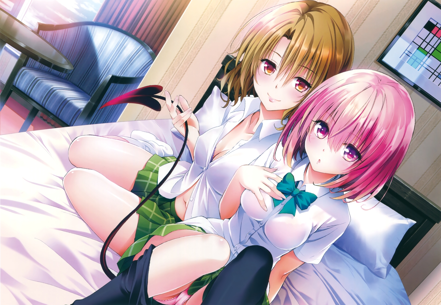 2girls, bed, blonde_hair, breasts, cleavage, momioka_risa, momo_velia_deviluke, navel, panties, pink_eyes, pink_hair, scan, school_uniform, tail, to_love_ru, to_love_ru_darkness, underwear, undressing, yabuki_kentarou