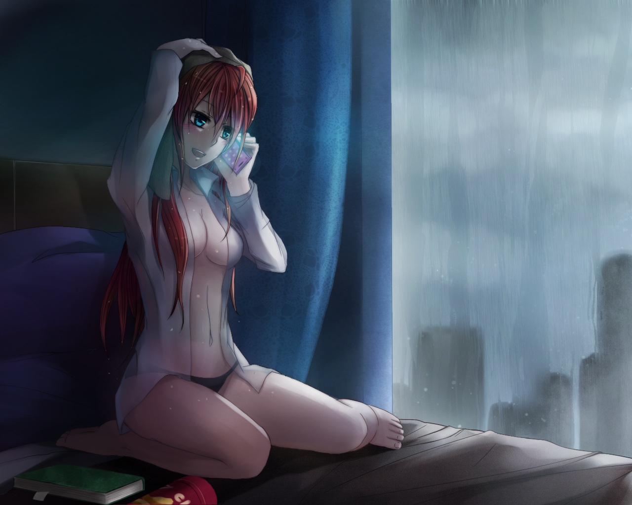 barefoot, bed, blue_eyes, book, breasts, cleavage, long_hair, makise_kurisu, no_bra, open_shirt, panties, phone, qitoli, red_hair, steins;gate, towel, underwear