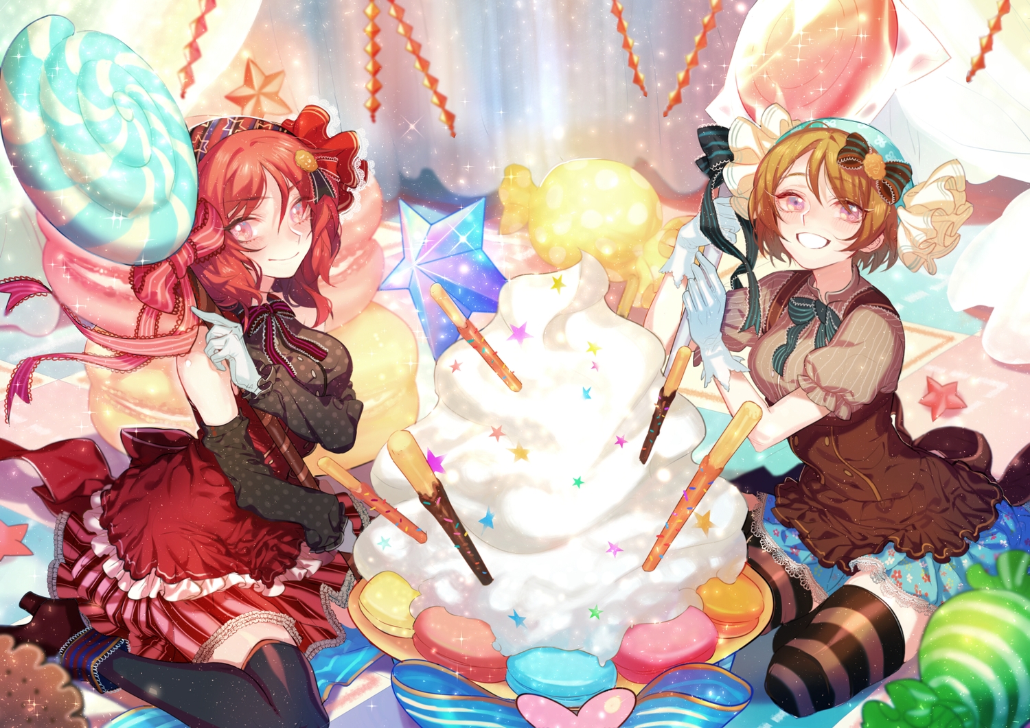 2girls, candy, food, gloves, koizumi_hanayo, love_live!_school_idol_project, nishikino_maki, thighhighs
